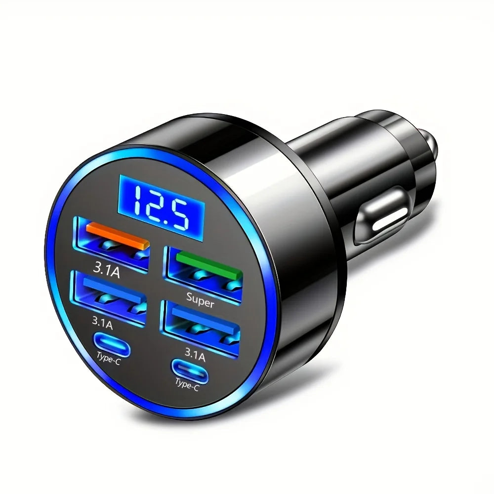 Elara Energy 6-in-1 Car Charger — 3.1A Dual USB-C Fast Charging Adapter with Digital Display for iPhone, Samsung, Tablets & Power Banks