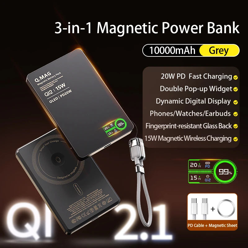Elara Energy Qi2 Magnetic Wireless Power Bank — 5000/10000mAh Fast Charging for iPhone 12–17, Apple Watch