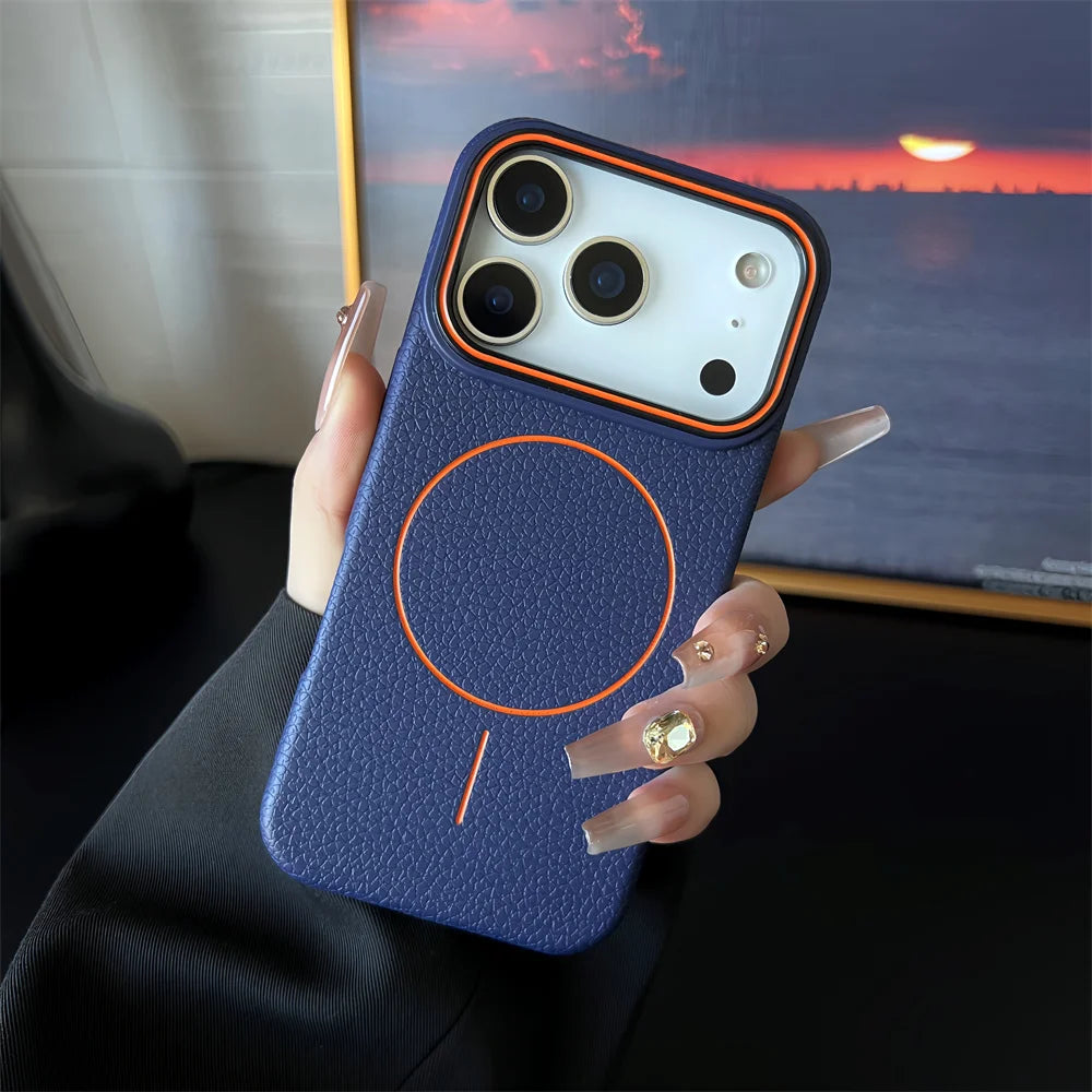 Elara Energy Frosted MagSafe iPhone Case — Magnetic Lichee Pattern TPU Soft Cover for iPhone 11–17 Air Pro Max Plus
