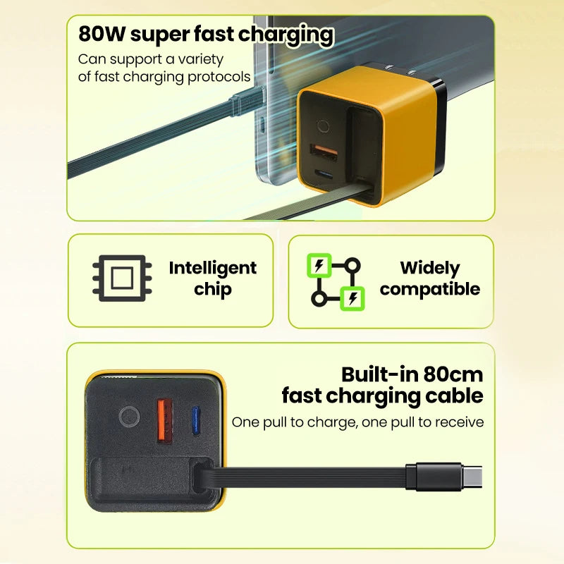 Elara Energy 60W Super Fast Wall Charger — Built-in Telescopic USB-C Cable with LED Light