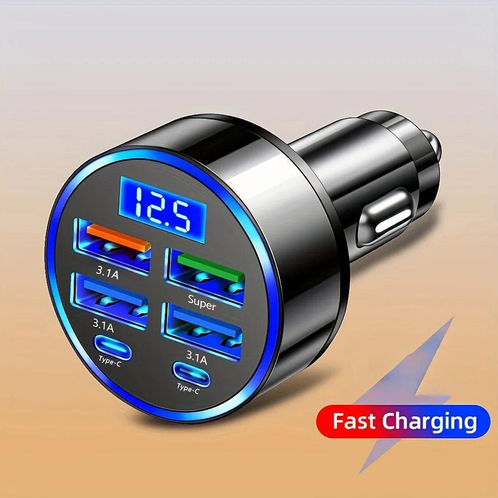 Elara Energy 6-in-1 Car Charger — 3.1A Dual USB-C Fast Charging Adapter with Digital Display for iPhone, Samsung, Tablets & Power Banks