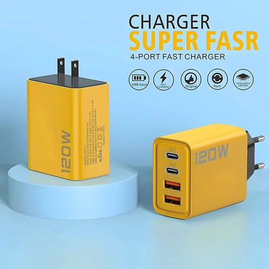 Elara Energy 120W 4-Port Wall Charger — Dual USB-C & Dual USB-A Fast Charging Adapter for iPhone, Samsung, Xiaomi & More