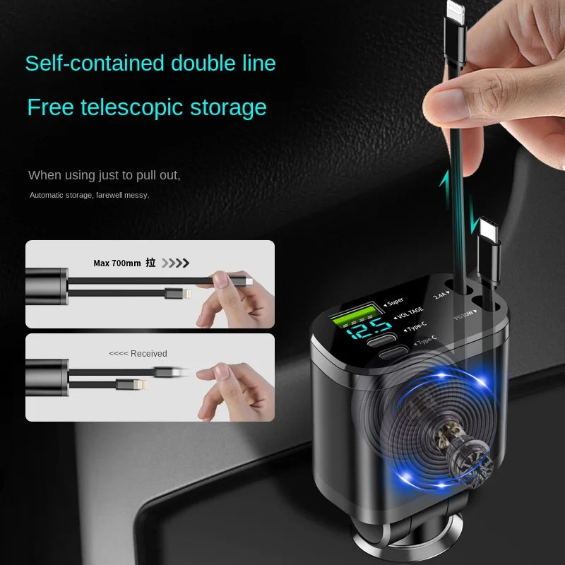 Elara Energy 5-in-1 Car Charger — Built-in Retractable USB-C & Apple Fast Charge Cables with PD & 66W Multi-Port Hub