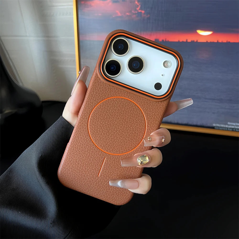 Elara Energy Frosted MagSafe iPhone Case — Magnetic Lichee Pattern TPU Soft Cover for iPhone 11–17 Air Pro Max Plus