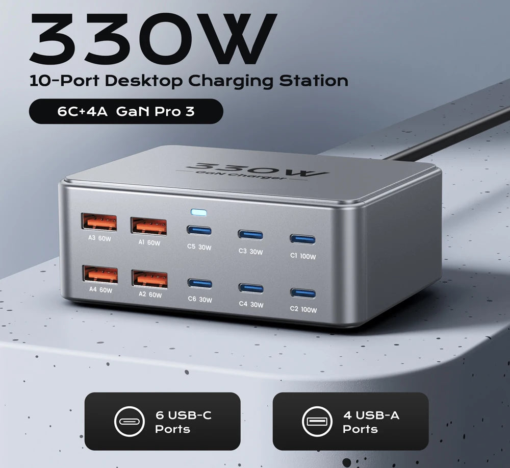 Elara Energy 330W Charging Station — 100W USB-C PD3.0 QC3.0 Multiport Fast Charger for Laptop, iPhone, Samsung & MacBook