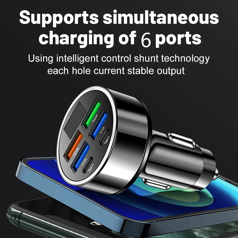 Elara Energy 6-in-1 Car Charger — 3.1A Dual USB-C Fast Charging Adapter with Digital Display for iPhone, Samsung, Tablets & Power Banks