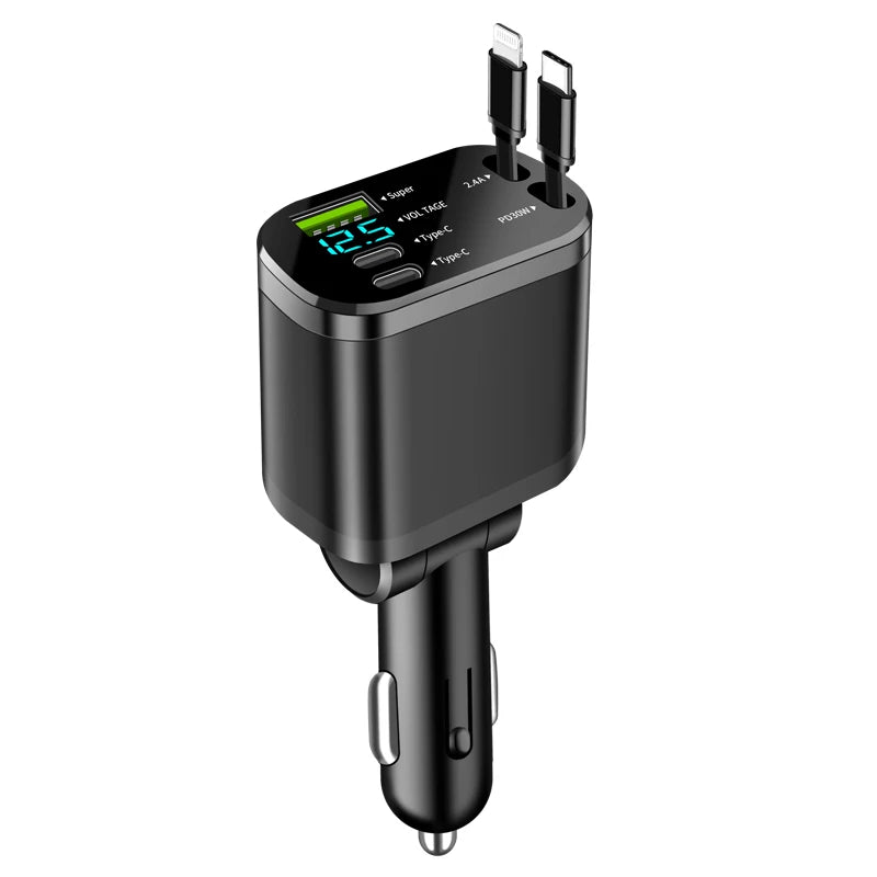 Elara Energy 5-in-1 Car Charger — Built-in Retractable USB-C & Apple Fast Charge Cables with PD & 66W Multi-Port Hub