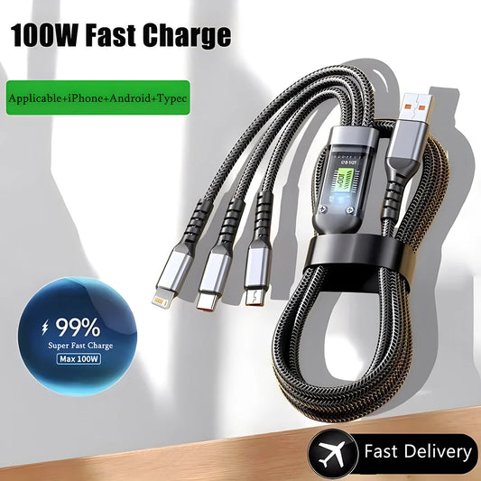 Elara Energy 3-in-1 Fast Charging Cable — 100W Braided Multi USB Cord with USB-C, Micro USB & Lightning for iPhone & Android