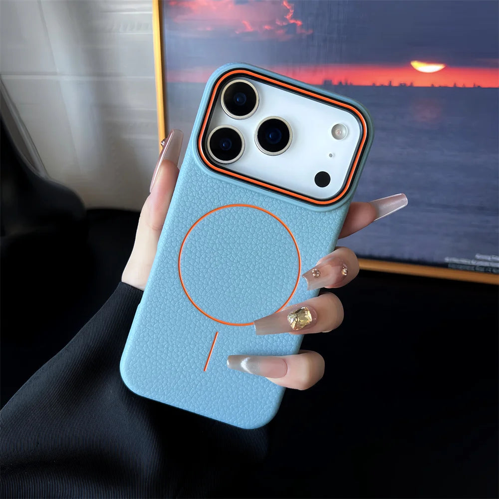 Elara Energy Frosted MagSafe iPhone Case — Magnetic Lichee Pattern TPU Soft Cover for iPhone 11–17 Air Pro Max Plus