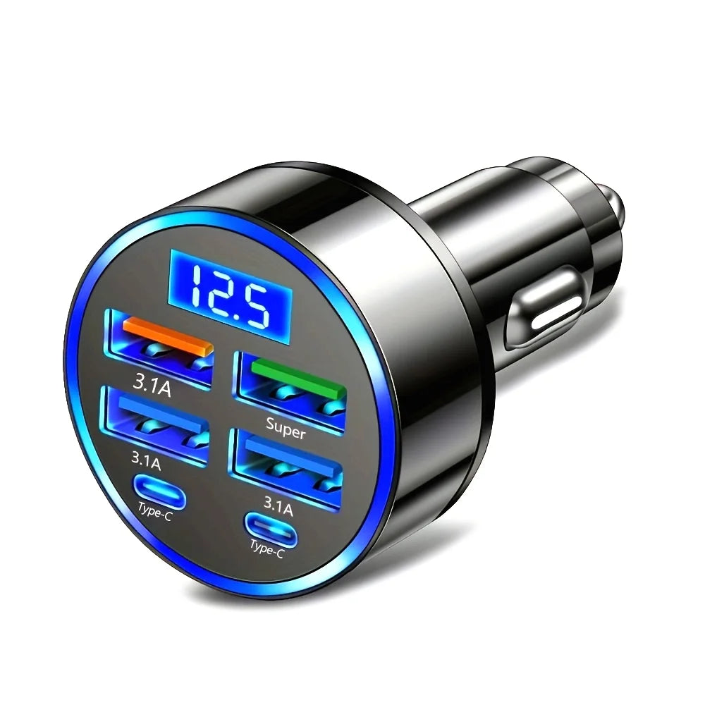 Elara Energy 6-in-1 Car Charger — 3.1A Dual USB-C Fast Charging Adapter with Digital Display for iPhone, Samsung, Tablets & Power Banks