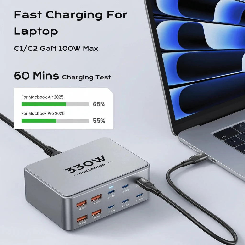 Elara Energy 330W Charging Station — 100W USB-C PD3.0 QC3.0 Multiport Fast Charger for Laptop, iPhone, Samsung & MacBook
