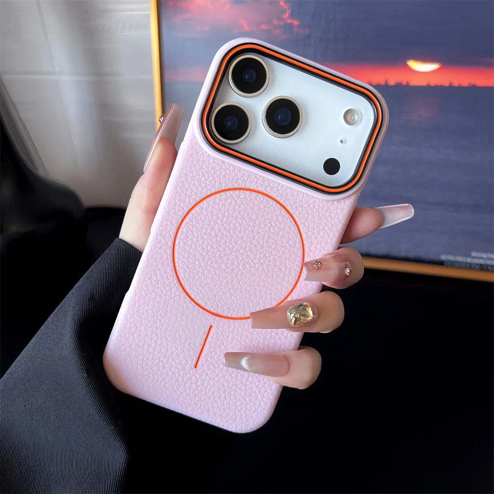 Elara Energy Frosted MagSafe iPhone Case — Magnetic Lichee Pattern TPU Soft Cover for iPhone 11–17 Air Pro Max Plus